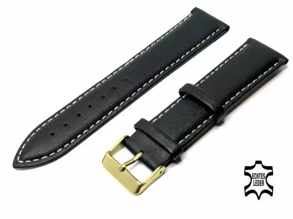 Uhrenarmband Leder 22 mm Schwarz Feines Kalbleder weisse Stepp-Ziernaht, vergoldete Schließe