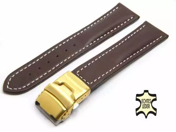 Herren Leder Uhrenarmband 24 mm Braun mit vergoldeter Sicherheitsfaltschließe