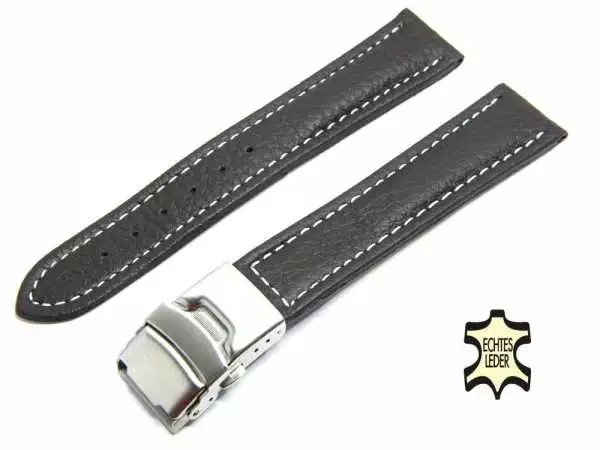 Herren Leder Uhrenarmband 18 mm fein genarbt Dunkelbraun, Sicherheits-Faltschließe