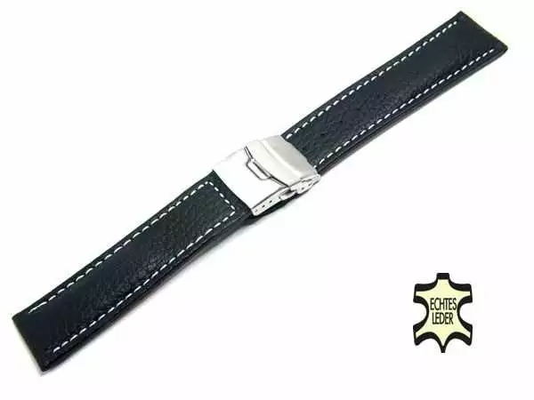 Herren Leder Uhrenarmband 24 mm fein genarbt Schwarz, Sicherheits-Faltschließe