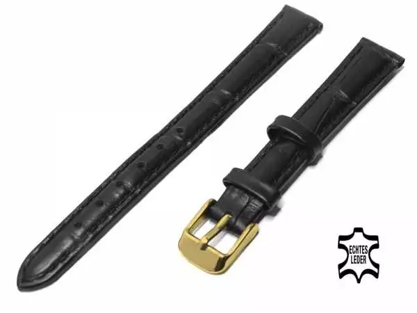12 mm Damen-Uhrenarmband Schwarz Alligatoroptik Ziernaht, vergoldete Schließe