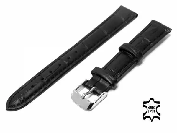 14 mm Damen-Uhrenarmband Schwarz Alligatoroptik Ziernaht Ton in Ton