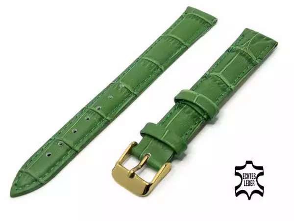16 mm Uhrenarmband Grün Alligatoroptik Ziernaht Ton in Ton, vergoldete Schließe