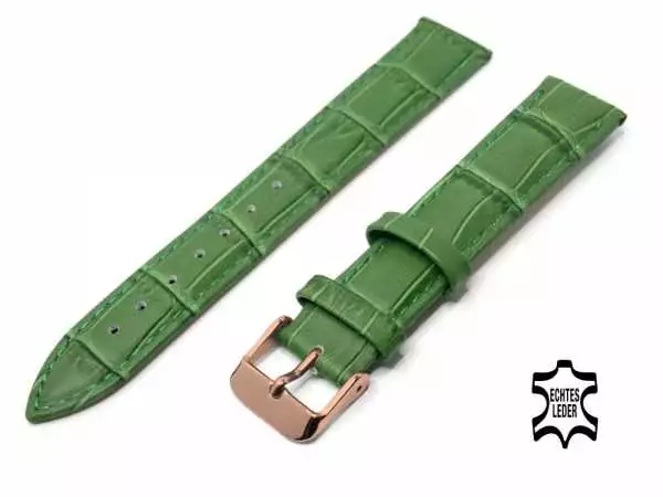 20 mm Uhrenarmband Grün Alligatoroptik Ziernaht Ton in Ton, Rosegold Edelstahl-Dornschließe