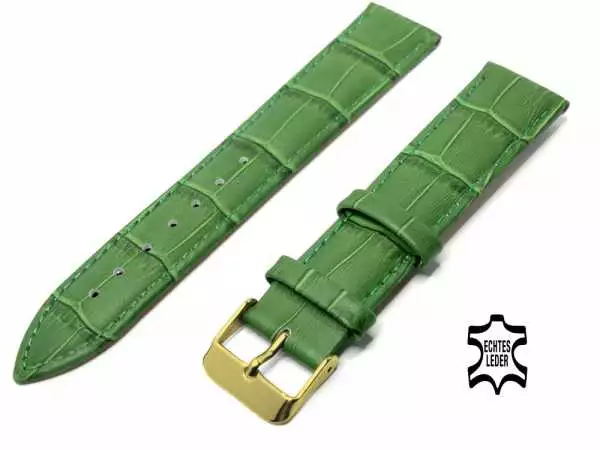 22 mm Uhrenarmband Grün Alligatoroptik Ziernaht Ton in Ton, vergoldete Schließe