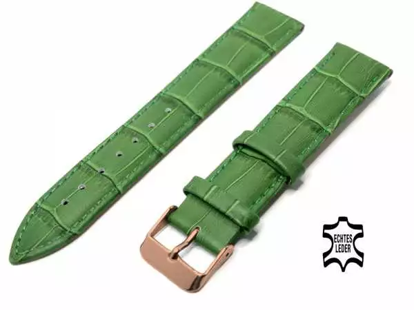 22 mm Uhrenarmband Grün Alligatoroptik Ziernaht Ton in Ton, Rosegold Edelstahl-Dornschließe