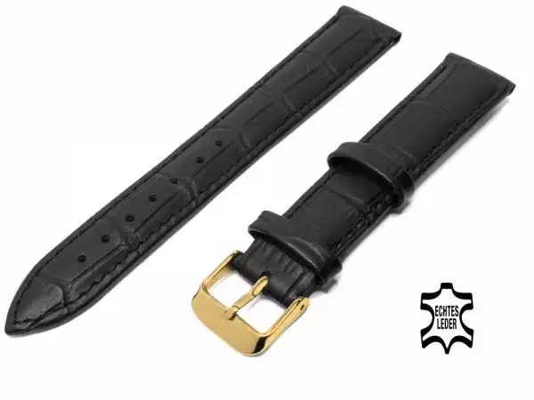 18 mm Uhrenarmband Schwarz Alligatoroptik Ziernaht, vergoldete Schließe