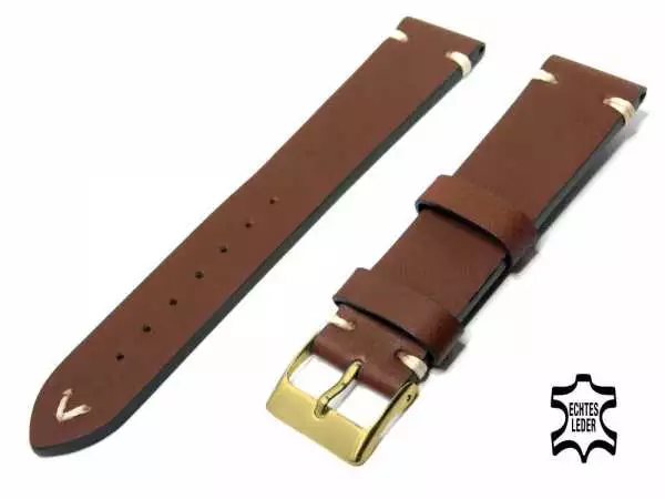 Uhrenarmband 18 mm Dunkelbraun Voll-Leder Kernig + Superweich Top Naht, vergoldete Schließe