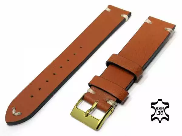 Uhrenarmband 22 mm Hellbraun Voll-Leder Kernig + Superweich Top Naht, vergoldete Schließe