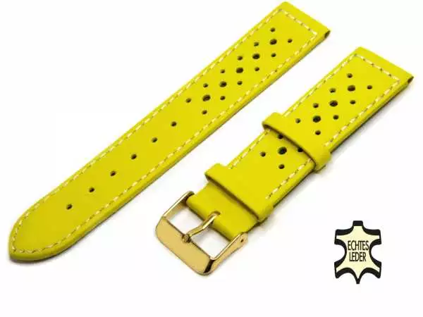 22 mm Uhrenband Gelb aus französischem Softleder mit Lochmuster, vergoldete Schließe