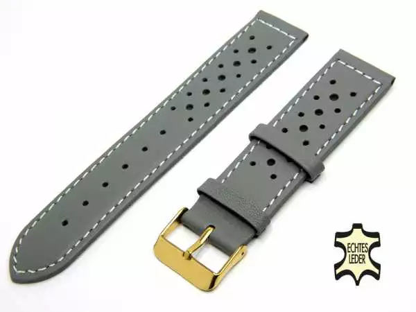22 mm Uhrenband Hellgrau aus französischem Softleder mit Lochmuster, vergoldete Schließe