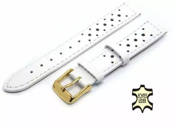 18 mm Uhrenband Weiß aus französischem Softleder mit Lochmuster, vergoldete Schließe