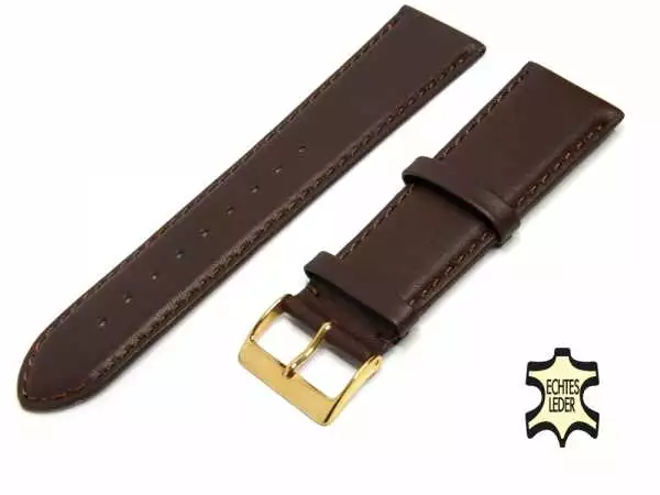 Uhrenarmband Leder 24 mm Braun Echt Kalb Ziernaht Ton in Ton, vergoldete Schließe