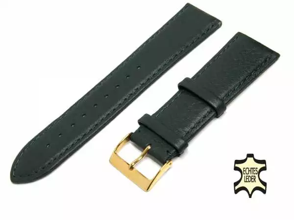 Uhrenarmband Leder 24 mm Dunkelgrün Echt Kalb Ziernaht Ton in Ton, vergoldete Schließe