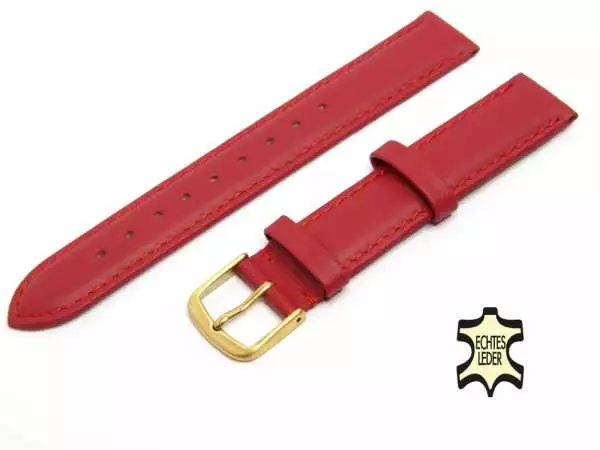 Uhrenarmband Leder 16 mm Dunkelrot Echt Kalb Ziernaht Ton in Ton, vergoldete Schließe