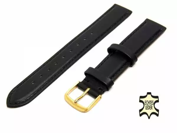Uhrenarmband Leder 16 mm Schwarz Echt Kalb Ziernaht Ton in Ton, vergoldete Schließe