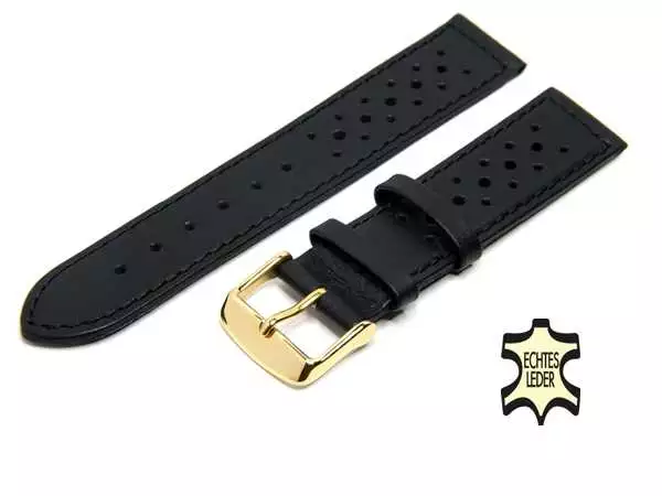 22 mm Leder Uhrenarmband Softleder Lochmuster schwarz, schwarze Ziernaht, vergoldete Schließe