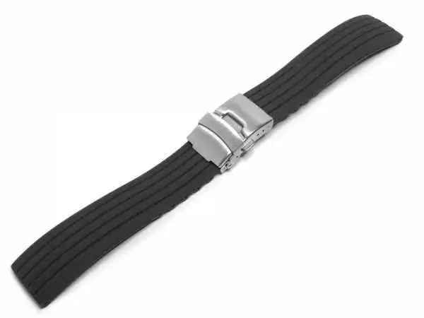 20 mm Silikon Uhrenarmband Schwarz STREIFENMUSTER mit Faltschließe