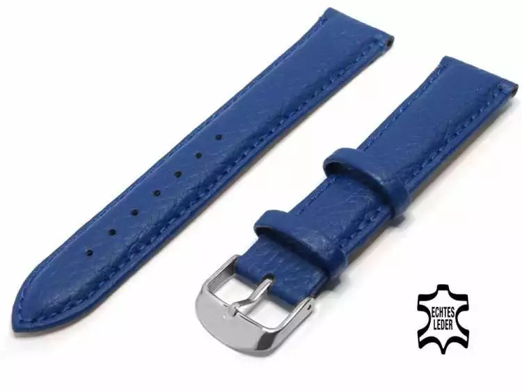20 mm Uhrenarmband Echt Stier Leder Königsblau, Ziernaht Ton in Ton