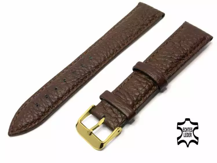 20 mm Uhrenarmband Büffel Leder Dunkelbraun genarbt Steppziernaht vergoldete Schließe