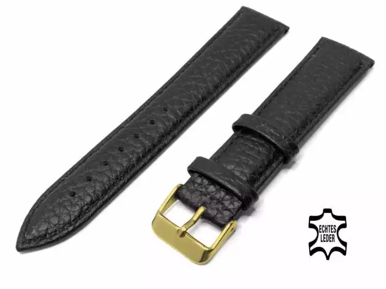 22 mm Uhrenarmband Echt Büffel Leder Schwarz genarbt, vergoldete Schließe