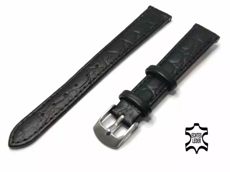 12 mm Uhrenarmband Echt Leder Schwarz Kroko-Optik