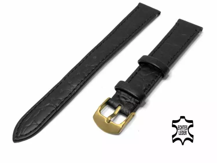12 mm Uhrenarmband Echt Leder Schwarz Kroko-Optik, vergoldete Schließe
