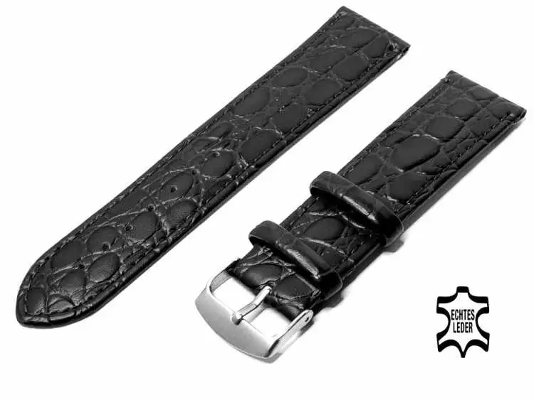18 mm Uhrenarmband Echt Leder Schwarz Kroko-Optik Superflach