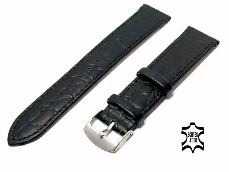 20 mm Uhrenarmband Echt Leder Schwarz Kroko-Optik Superflach