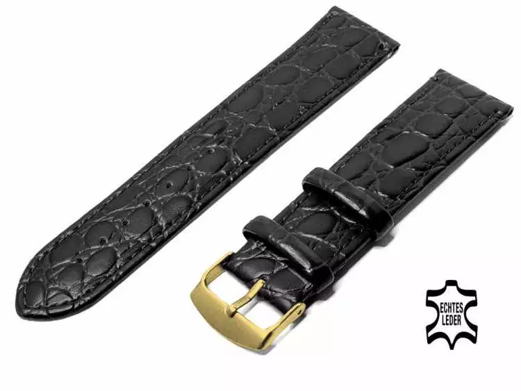 22 mm Uhrenarmband Echt Leder Schwarz Kroko-Optik Superflach, vergoldete Schließe