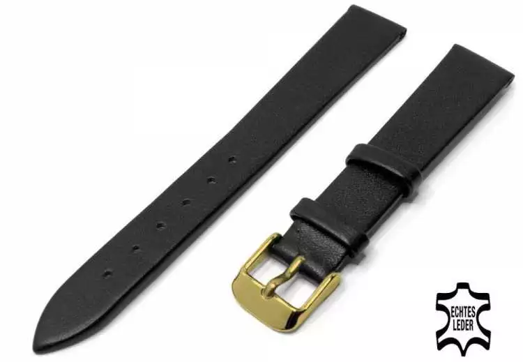 Damen Uhrenarmband 16 mm ECHT NAPPA LEDER Schwarz ohne Naht vergoldete Schließe