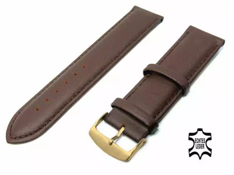 Uhrenarmband Leder 24 mm Dunkelbraun Echt Kalb Ziernaht Ton in Ton, vergoldete Schließe