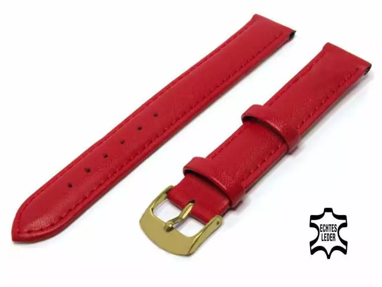 Uhrenarmband Leder 16 mm Rot Echt Kalb Ziernaht Ton in Ton, vergoldete Schließe