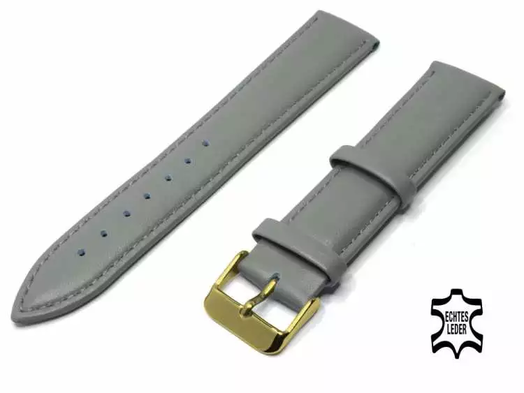 Uhrenarmband Leder 20 mm GRAU Echt Kalb Ziernaht Ton in Ton, vergoldete Schließe