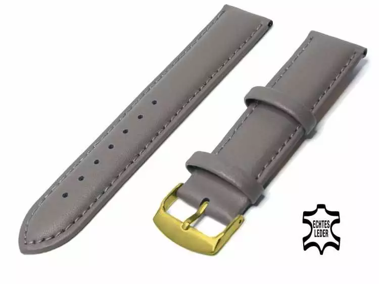 Uhrenarmband Leder 22 mm Grau Echt Kalb Ziernaht Ton in Ton, vergoldete Schließe