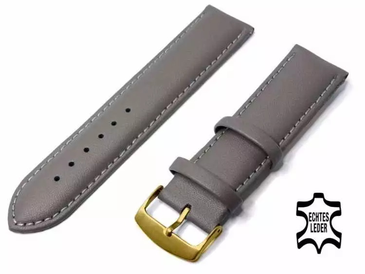 Uhrenarmband Leder 24 mm Grau Echt Kalb Ziernaht Ton in Ton, vergoldete Schließe