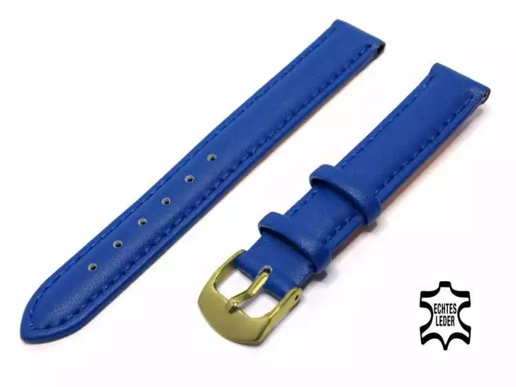 Uhrenarmband Leder 12 mm Königsblau Echt Kalb Ziernaht Ton in Ton, vergoldete Schließe
