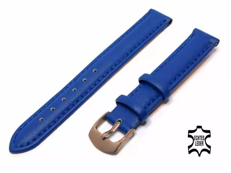 Uhrenarmband Leder 12 mm Königsblau Echt Kalb Ziernaht Ton in Ton, Rosegoldfarbige Schließe