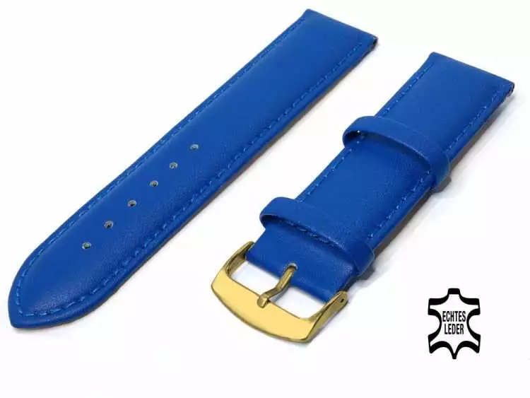Uhrenarmband Leder 22 mm Königsblau Echt Kalb Ziernaht Ton in Ton, vergoldete Schließe