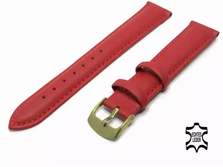 Uhrenarmband Leder 18 mm Rot Echt Kalb Ziernaht Ton in Ton, vergoldete Schließe
