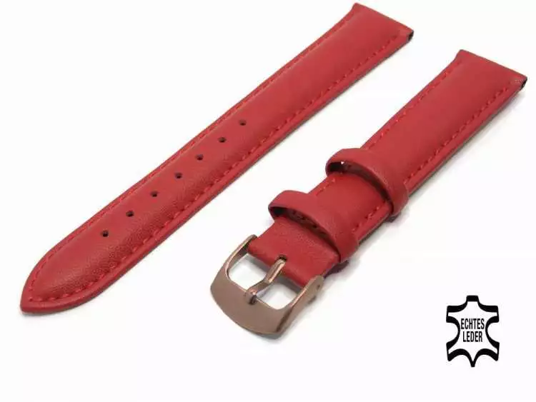 Uhrenarmband Leder 18 mm Rot Echt Kalb Ziernaht Ton in Ton, Rosegold vergoldete Schließe