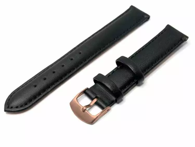 Uhrenarmband Leder 16 mm Schwarz Kalbsnappa-Leder Ziernaht Ton in Ton, Rosegold Schließe