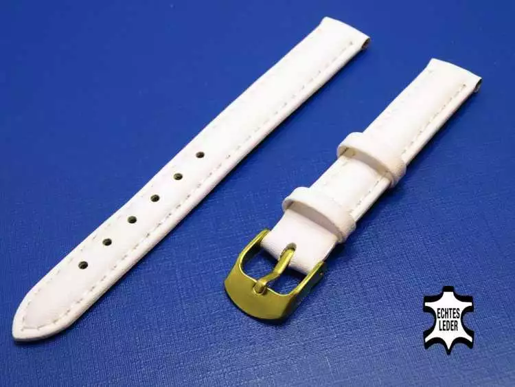 Uhrenarmband Leder 12 mm Weiß Echt Kalb Ziernaht Ton in Ton, vergoldete Schließe