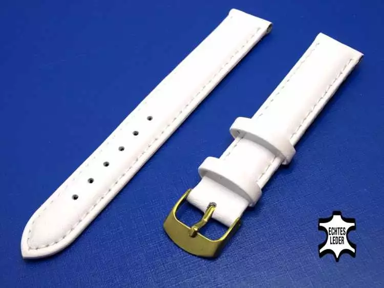 Uhrenarmband Leder 16 mm Weiß Echt Kalb Ziernaht Ton in Ton, vergoldete Schließe