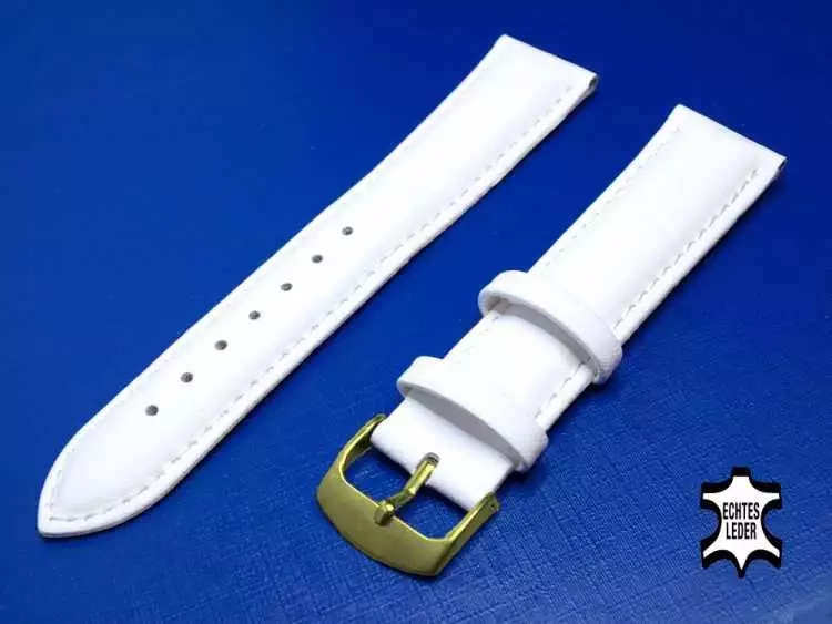 Uhrenarmband Leder 20 mm Weiß Echt Kalb Ziernaht Ton in Ton, vergoldete Schließe