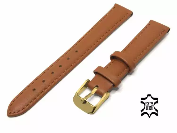 Uhrenarmband Leder 14 mm Dunkelbraun Echt Kalb Ziernaht Ton in Ton, vergoldete Schließe