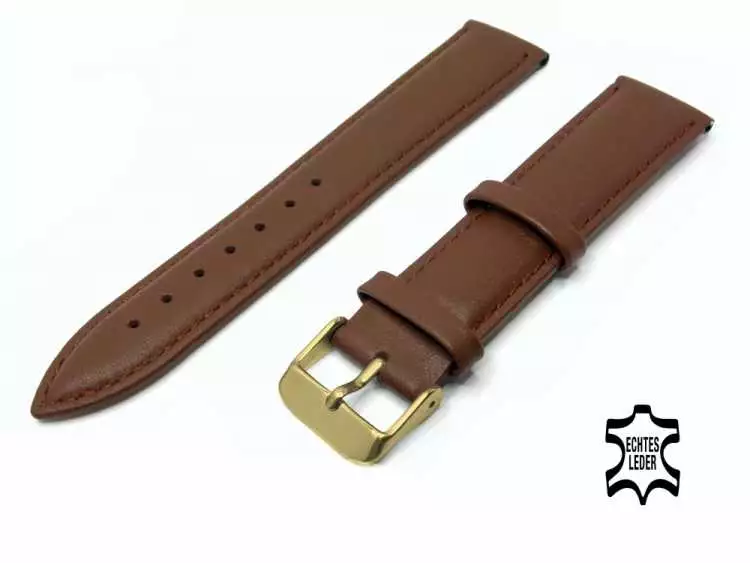 Uhrenarmband Leder 20 mm Braun Echt Kalb Ziernaht Ton in Ton, vergoldete Schließe