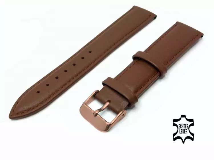 Uhrenarmband Leder 18 mm Braun Echt Kalb Ziernaht Ton in Ton, Rosegoldfarbige Schließe