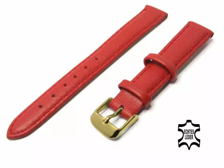 Uhrenarmband Leder 14 mm Hibiskusrot Echt Kalb Ziernaht Ton in Ton, vergoldete Schließe