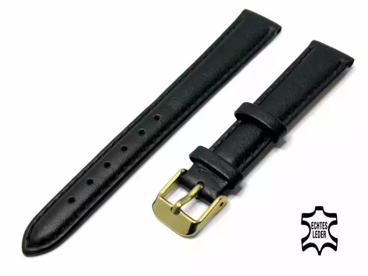 Uhrenarmband Leder 12 mm Schwarz Echt Kalb Ziernaht Ton in Ton, vergoldete Schließe